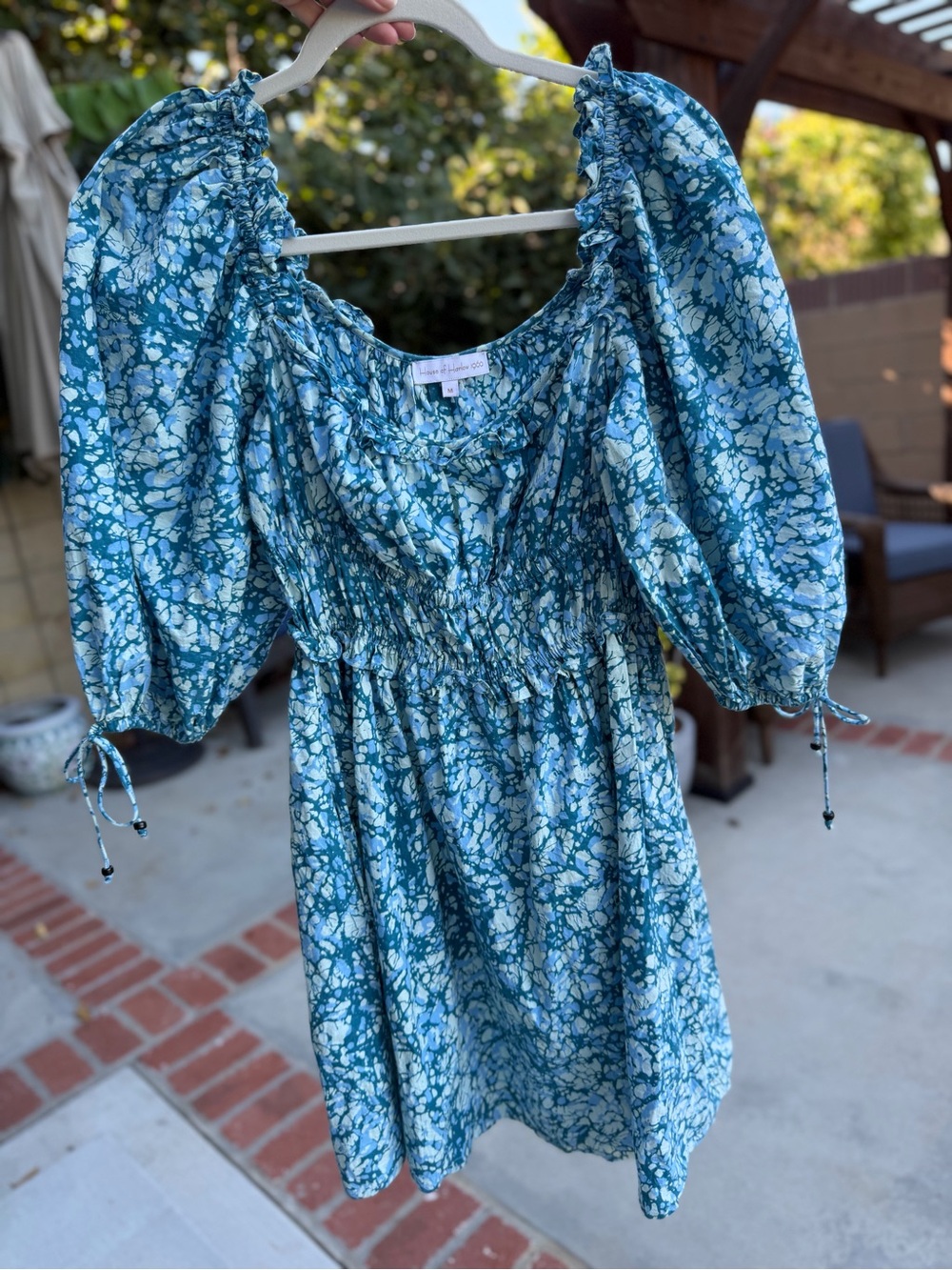 House of Harlow 1960 Blue Floral Smocked Midi Dress Boho Puff Sleeve M